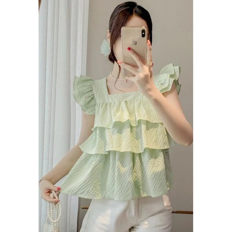 薄荷绿荷叶边小飞袖雪纺上衣女装夏款洋气减龄肌理感蓬蓬短款衬衫