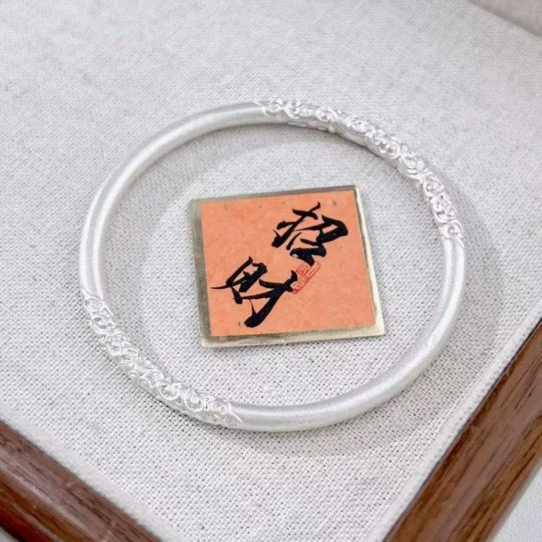 足银手镯 卷草纹手镯古法闭口描金实心银镯新中式送女友节礼物