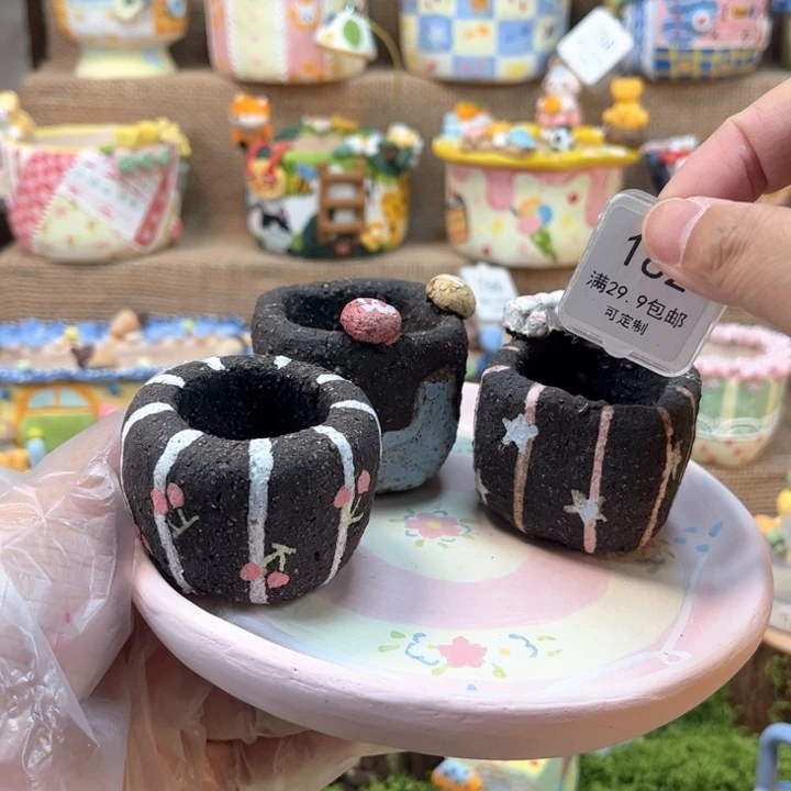 182黑粗陶套装花盆手绘