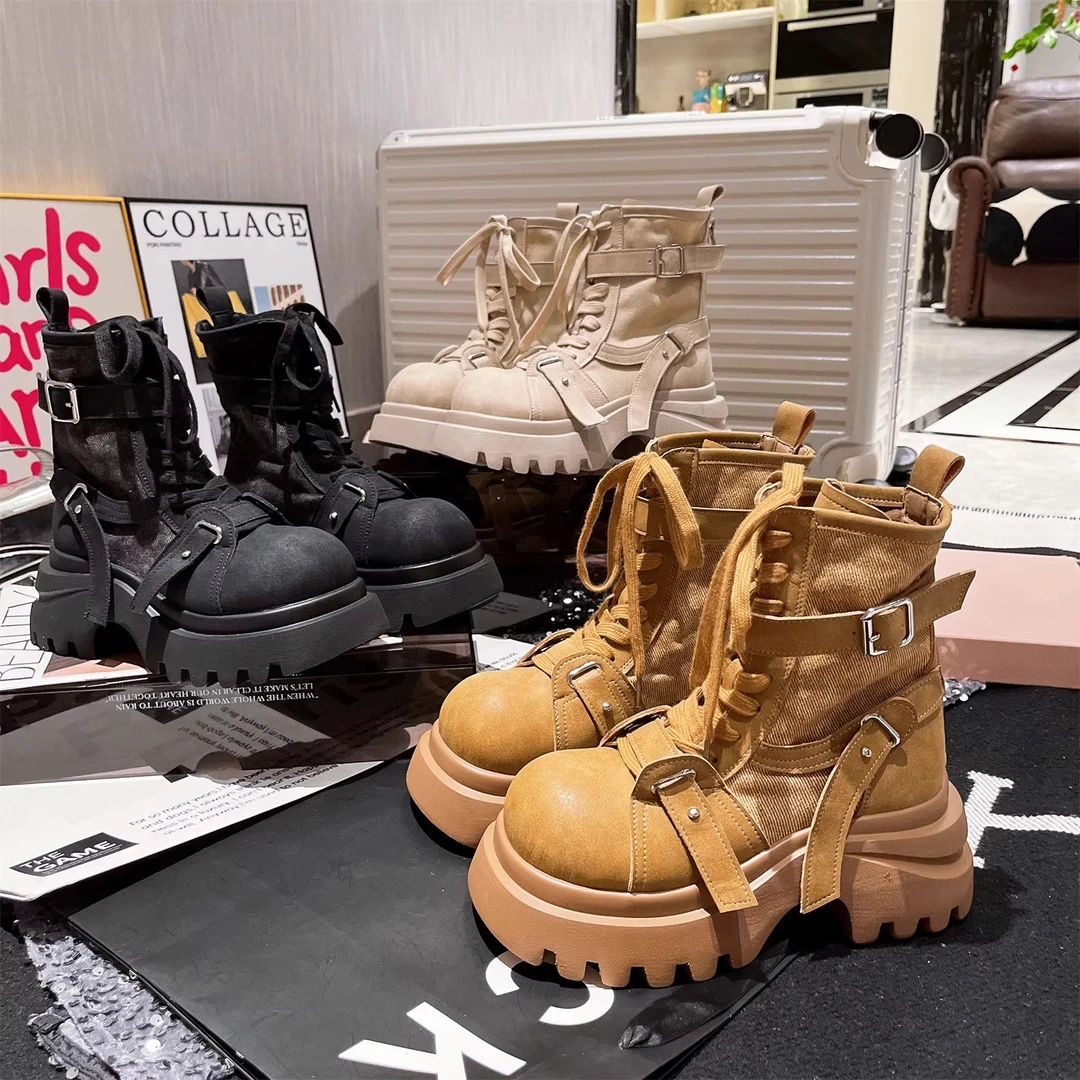 【红】马丁靴女ins超火大头牛仔布皮带扣帅气短靴厚机车靴大黄靴