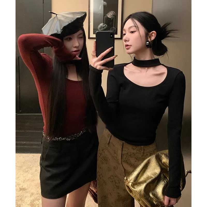 翰代维纯欲风挂脖长袖T恤女内搭设计感感辣妹纯色修身打底衫上衣