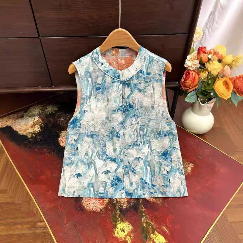 梦境油画 新款百搭双面穿油画马甲印花风景新中式唐装坎肩背心