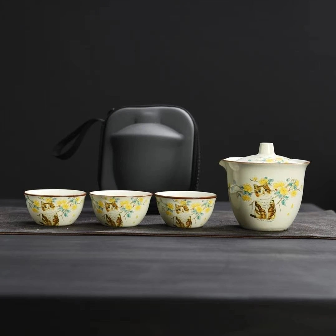 CJ汝窑猫咪手抓壶 旅行套装一壶三杯2795