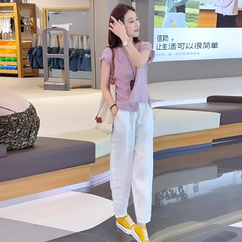 时尚休闲女士夏套装2025新款小个子减龄气质飞飞袖衬衫上衣阔腿裤