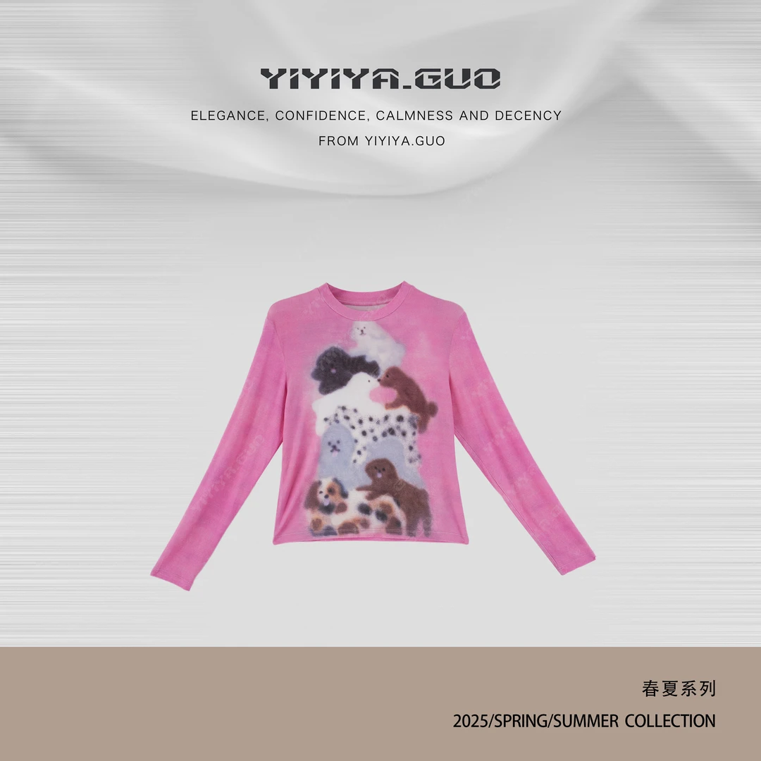 艺艺吖【喜遇】时尚修身印花小狗圆领长袖上衣1293SS52