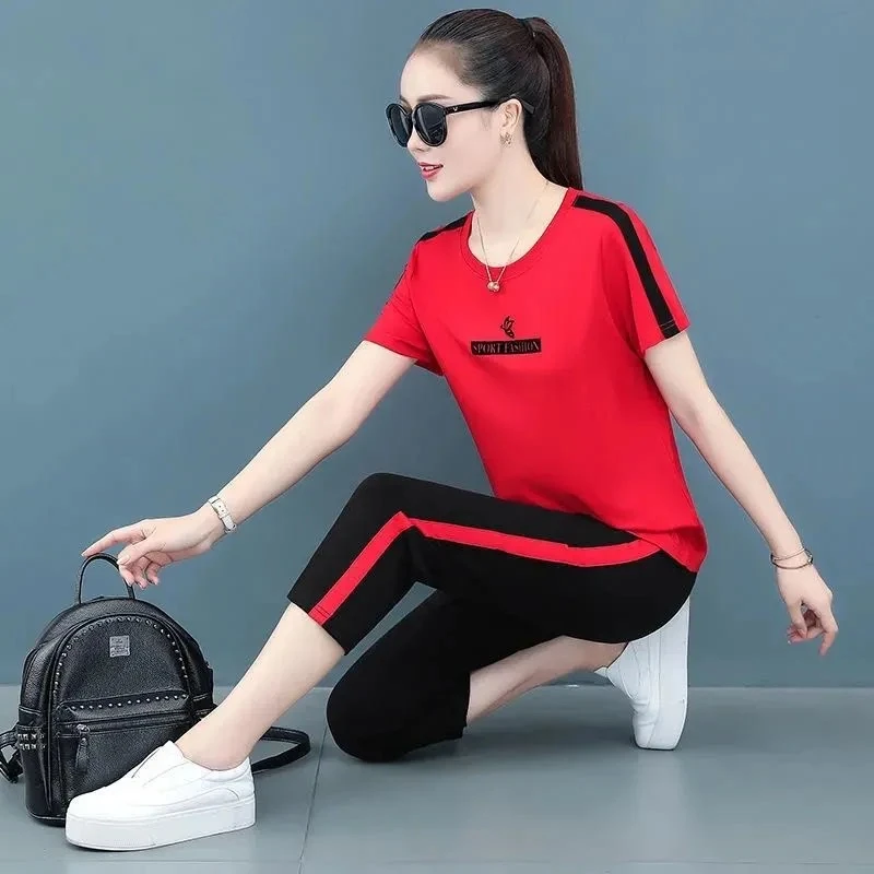 休闲运动服套装女夏季新款韩版宽松大码跑步短袖七分裤两件套时尚