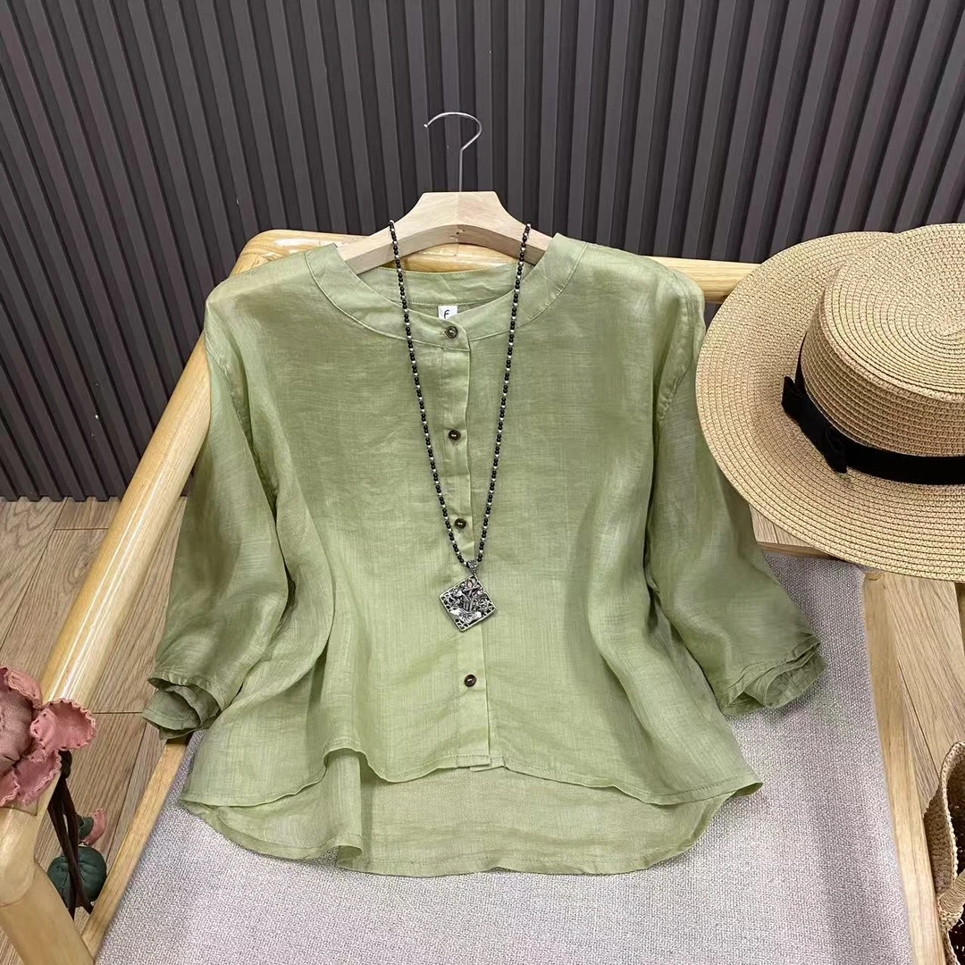 苎麻短款中袖小衫文艺复古宽松百搭纯色轻薄简约上衣女C82065