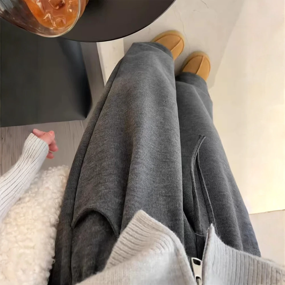 灰色糯米裤女2025新款慵懒秋冬加绒加厚直筒垂感宽松小个子阔腿裤