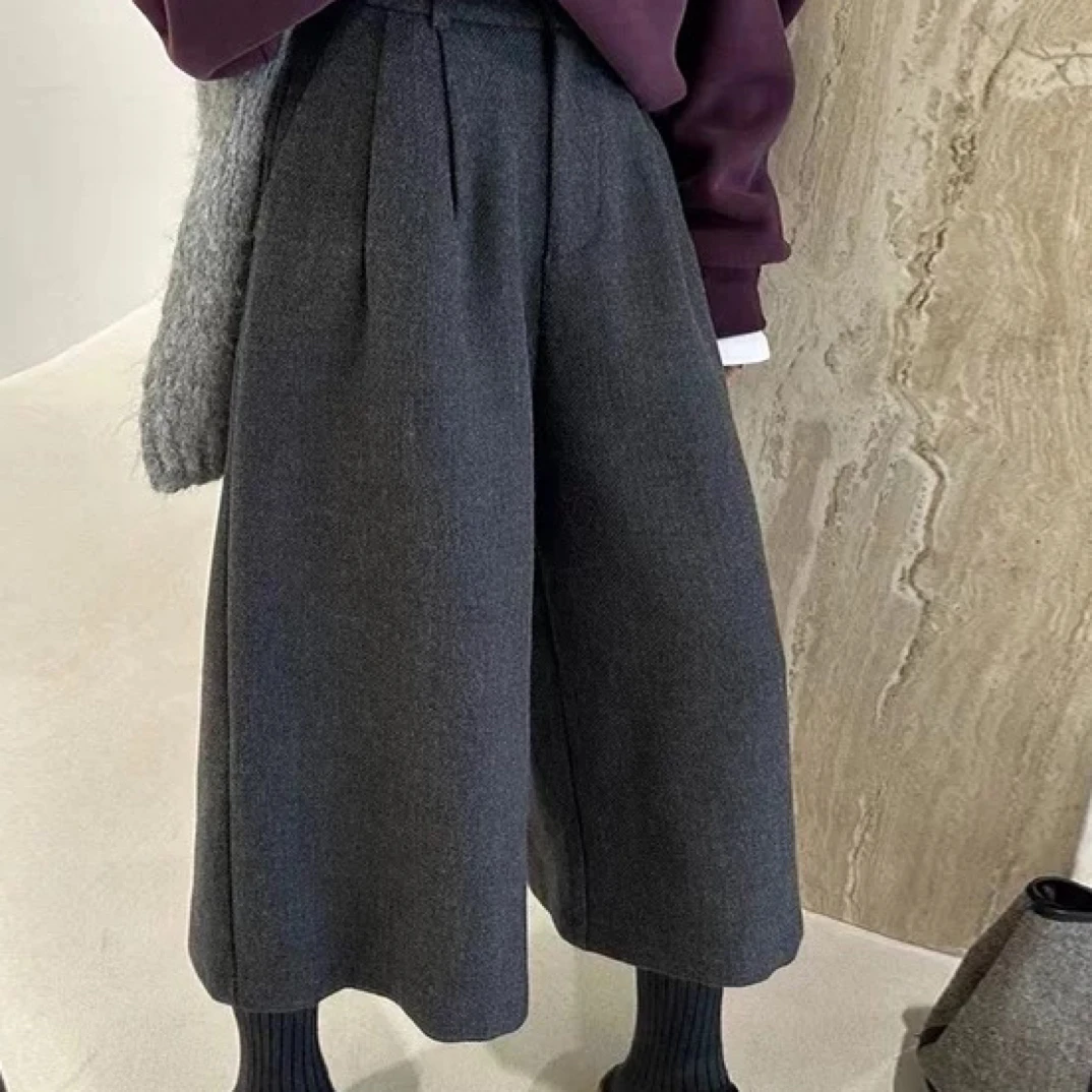 韩系高腰直筒宽松休闲毛呢八分裤女