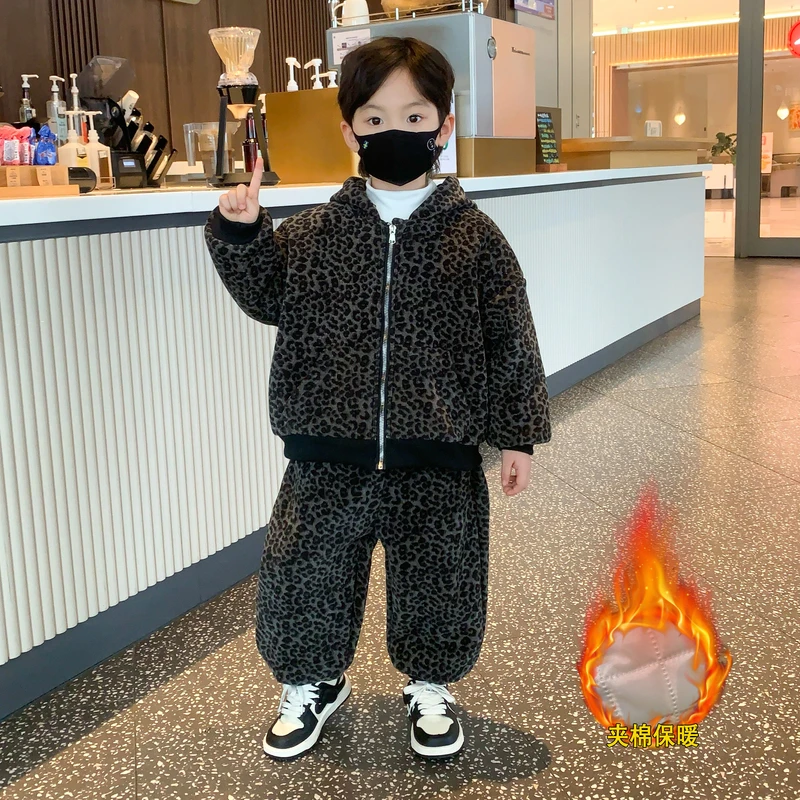 男童加绒套装冬装2025新款男孩衣服韩范痞帅棉服儿童宝宝加厚外套