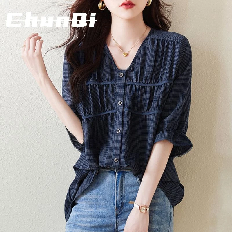 淳启九月陌墨女士短袖t恤时尚洋气大码胖mmv领上衣遮肚子夏季薄款