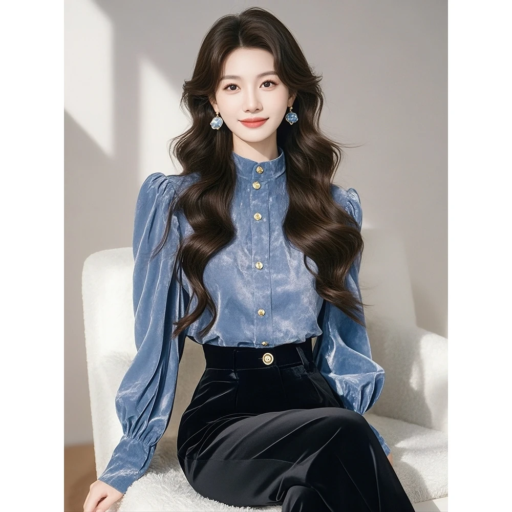 2025新款轻奢独特超好看内搭气质高级感蓝色立领丝绒衬衫