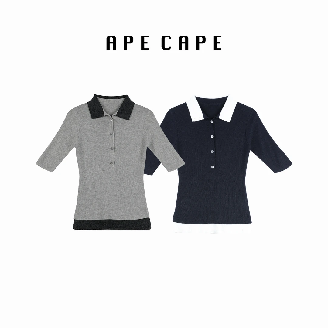 APECAPE【太空灰】拼色领丝光羊毛针织衫女 五分袖假两件针织短袖女