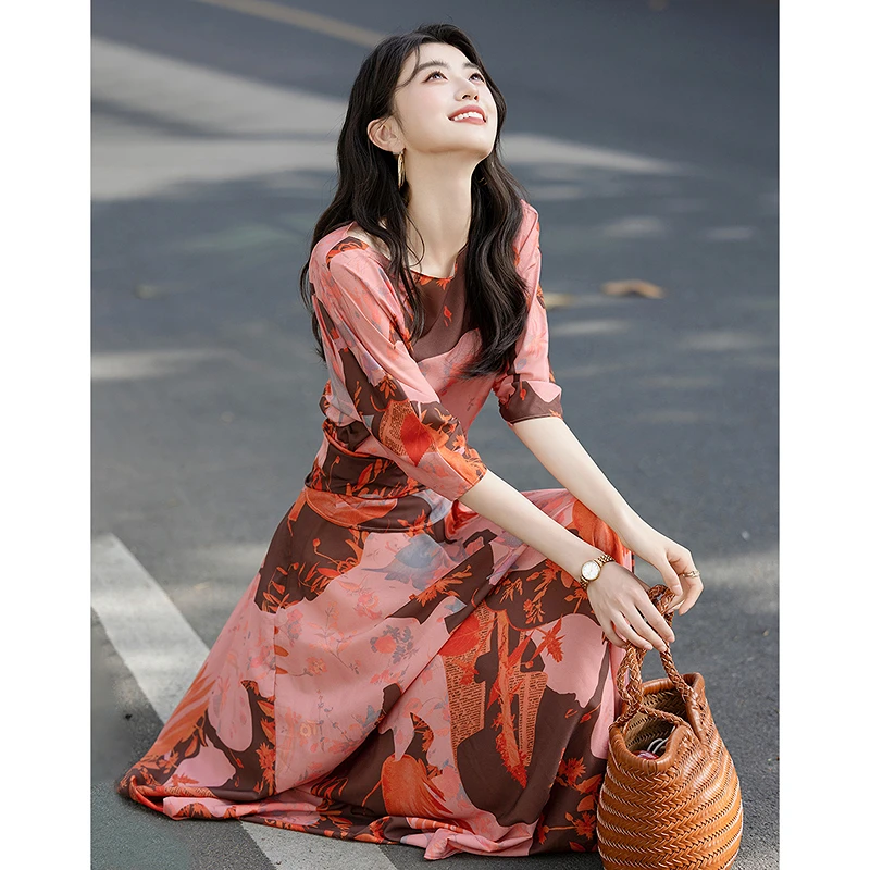 dme德·玛纳轻奢御姐夏季复合丝花瑶印花连袖系带收腰连衣裙