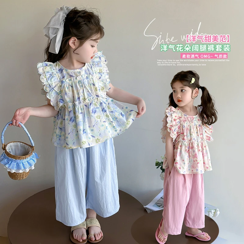 小女孩夏装洋气女童碎花套装薄款儿童甜美女宝宝阔腿裤两件套公主
