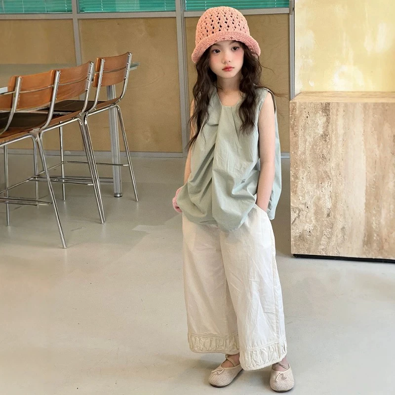 2025夏新款韩版女童简约设计感无袖娃娃衫衬衣儿童洋气棉布阔腿裤