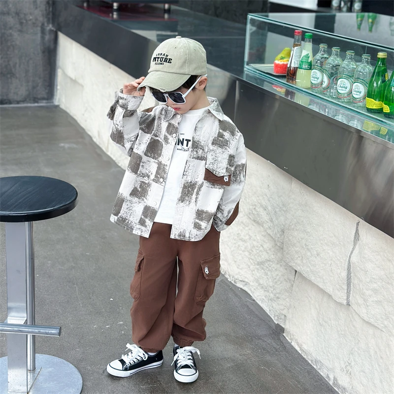 男童春款套装2025新款时髦洋气男孩衬衫帅气209方块衬衫两件套潮