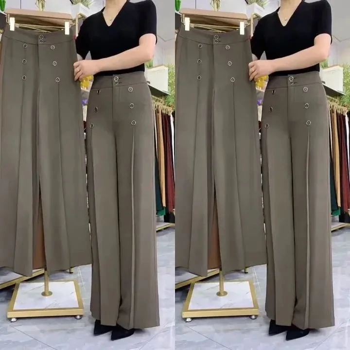 2025夏季新款女士双排扣冰丝阔腿裤高腰弹力宽松显瘦高档气质裤子