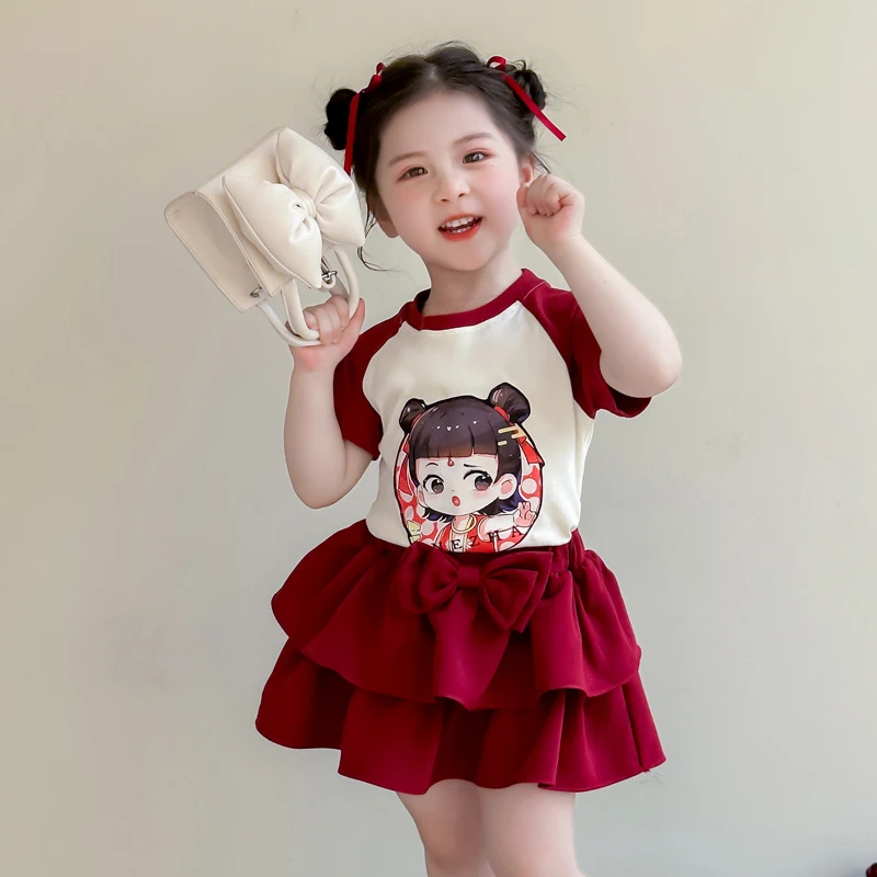 女童哪吒套装夏季2025新款洋气休闲女宝宝蛋糕裙子儿童夏装两件套