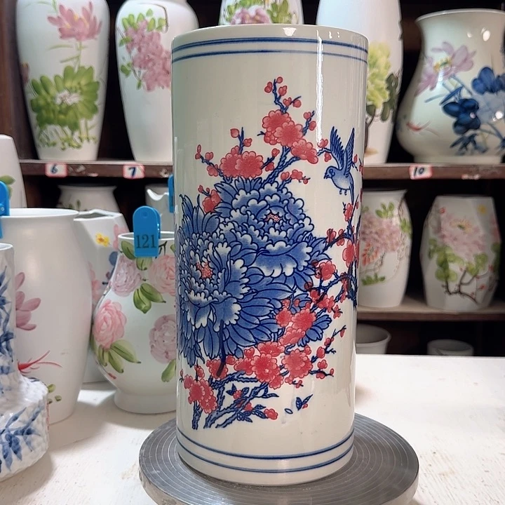瓶直筒青花粉红牡丹款陶瓷陶瓷新款陶瓷陶瓷