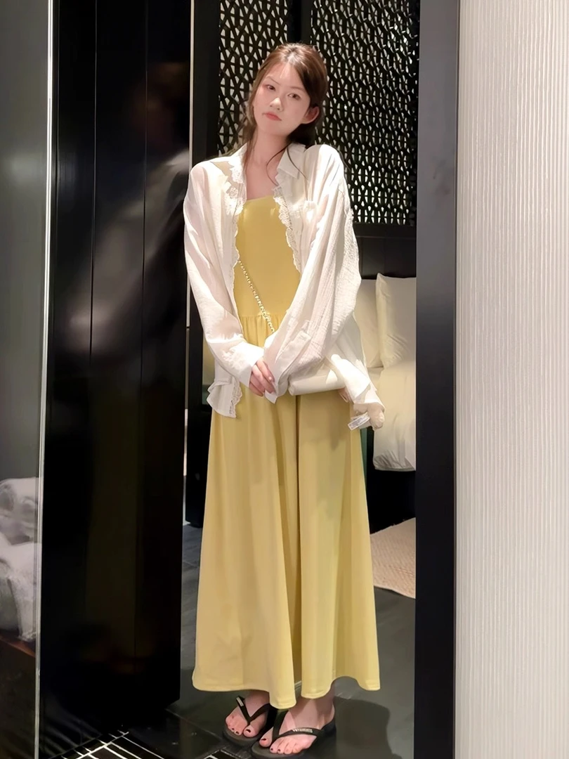 大码休闲蕾丝拼接翻领衬衣吊带裙两件套9901