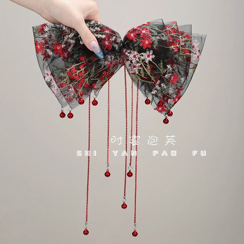 【一步一响】弹簧夹刺绣花朵铃铛流苏发饰重工顶夹原创设计时尚发饰