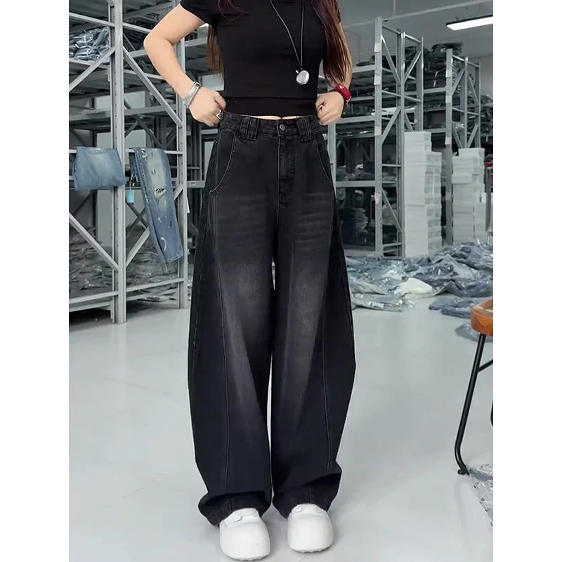 黑色弯刀牛仔裤子女大码胖mm显瘦梨型身材微胖穿搭高腰宽松阔腿裤