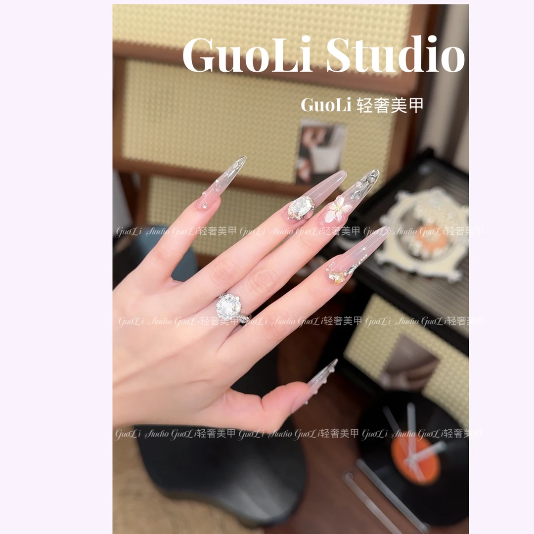 《雨荷》GuoLi纯手工穿戴甲手绘雕花堆钻猫眼裸色长款显白气质精致i