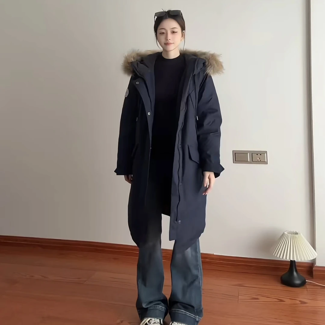 学院风藏蓝色长款过膝工装棉服女2025年新款大毛领小个子冬季外套