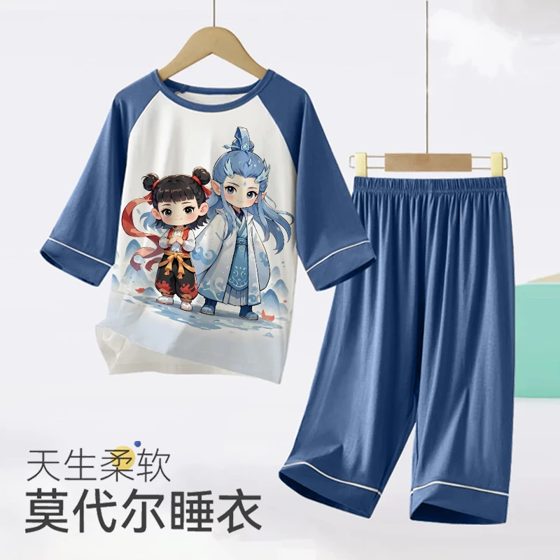 莫代尔睡衣半袖七分裤儿童夏季款男孩哪吒敖丙2025新款男童家居服
