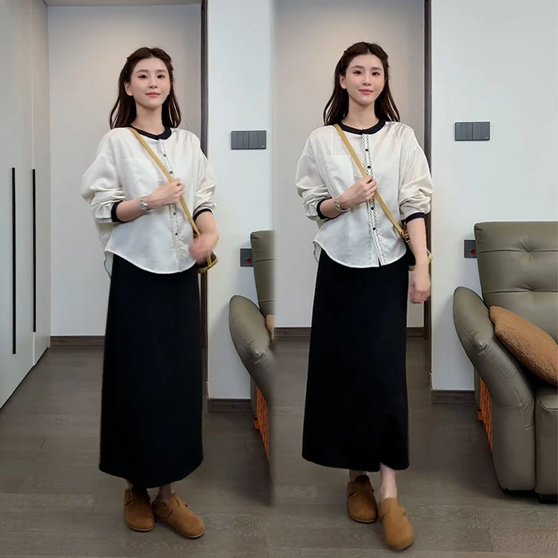 2025秋季新款设计感百搭撞色圆领条纹长袖衬衫女休闲半身裙两件套
