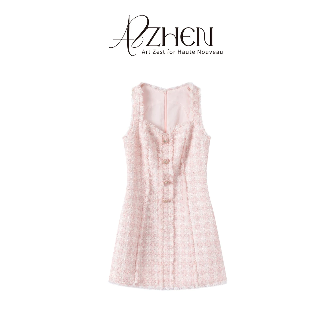 AZZHEN【粉调佳人】精致粉白格粗花呢无袖连衣裙AZ5ESL11-SL