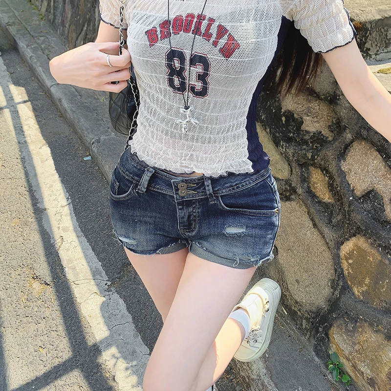 2025网红美式复古高腰百搭翻边显瘦修身弹力牛仔短裤破洞女紧身