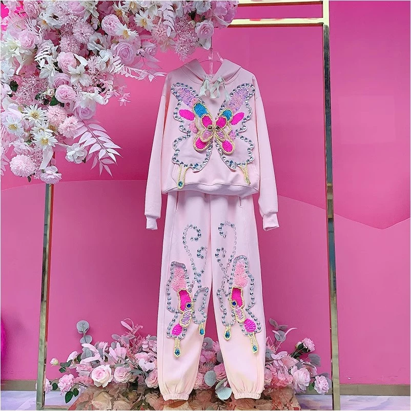 QD1247欧美设计师2025早春新款重工钉钻刺绣亮片蝴蝶时尚套装女