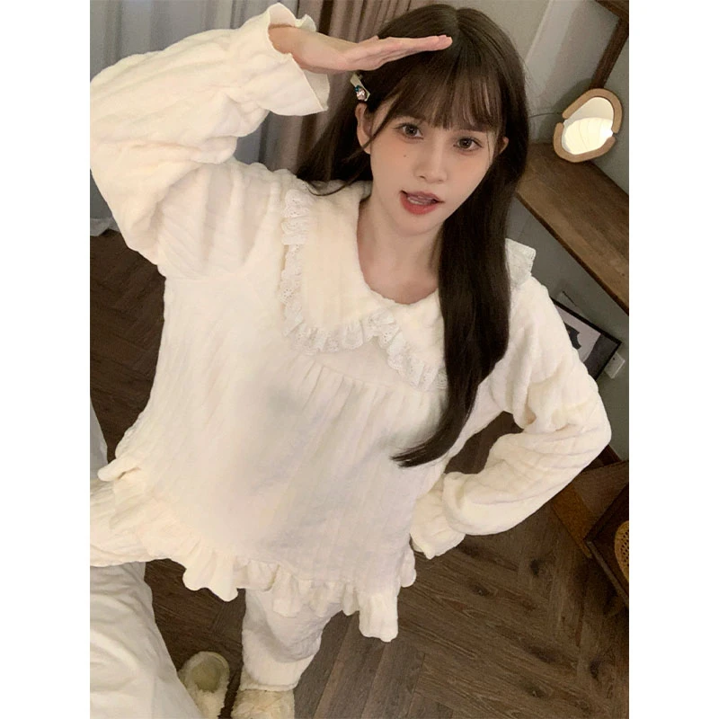 新款甜美公主风珊瑚绒睡衣女款冬季加厚法兰绒家居服套装冬天秋天