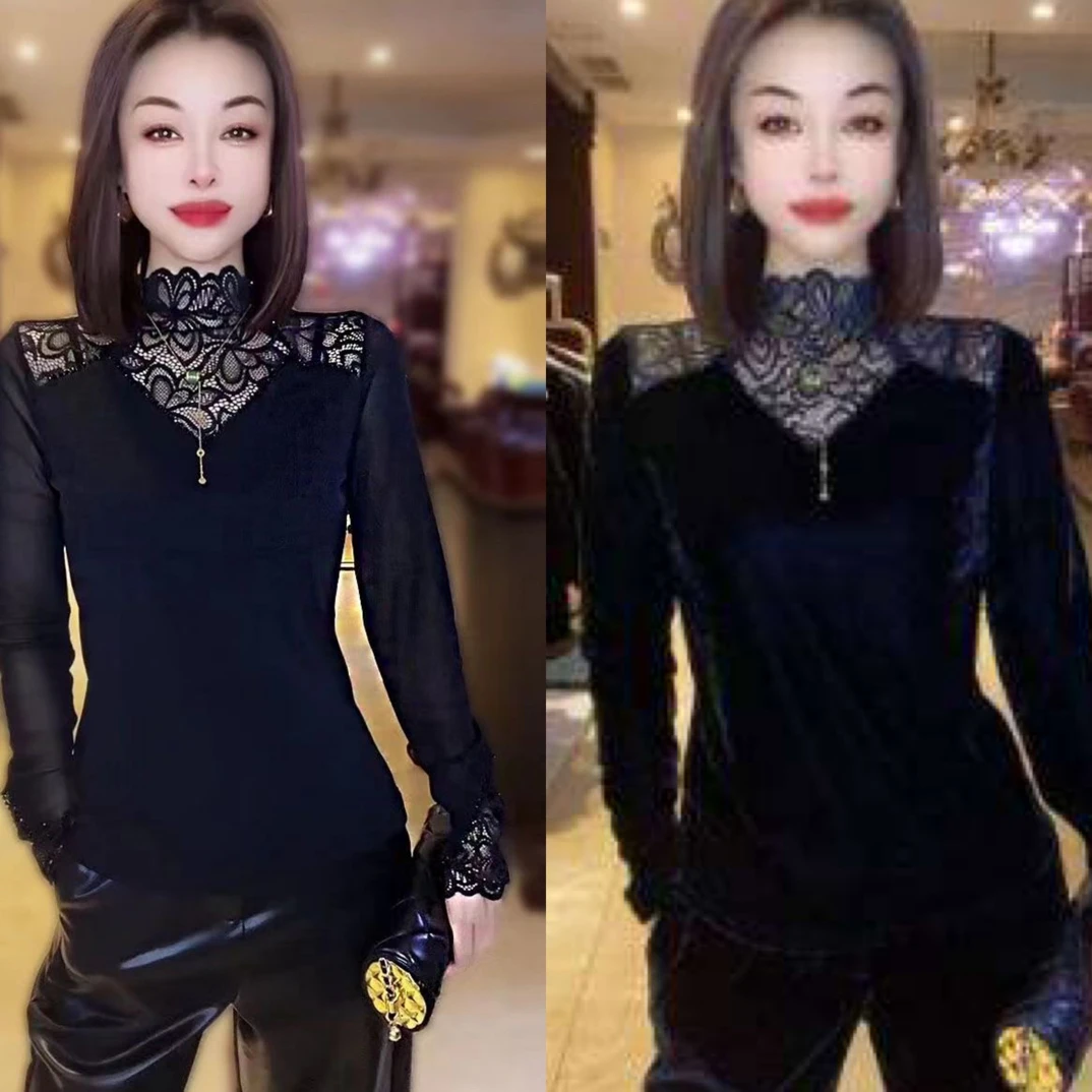 法式轻奢高级感纯欲长袖蕾丝拼接上衣时尚百搭显瘦洋气