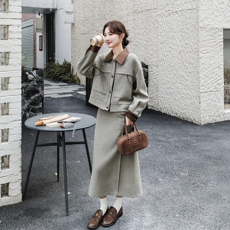 复古高智感撞色毛呢套装裙2025秋冬新款气质韩系ins千金风两件套