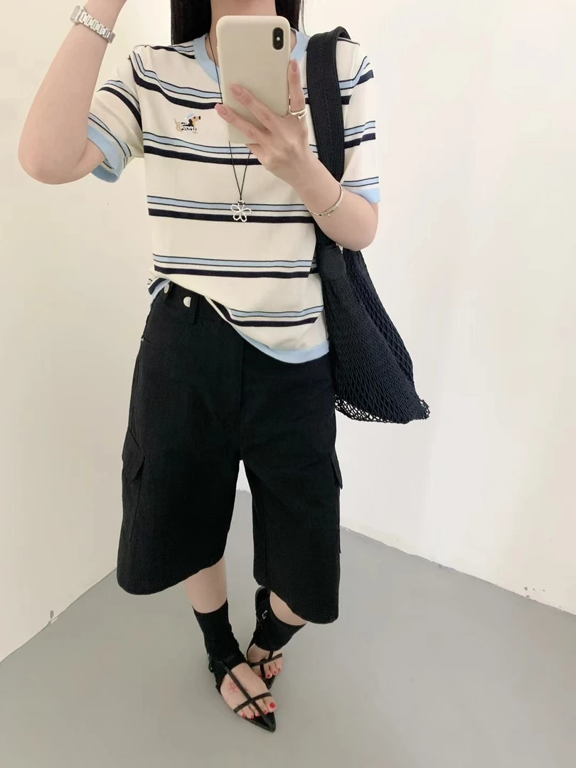 7011 小狗刺绣夏季时尚简约撞色条纹短袖上衣