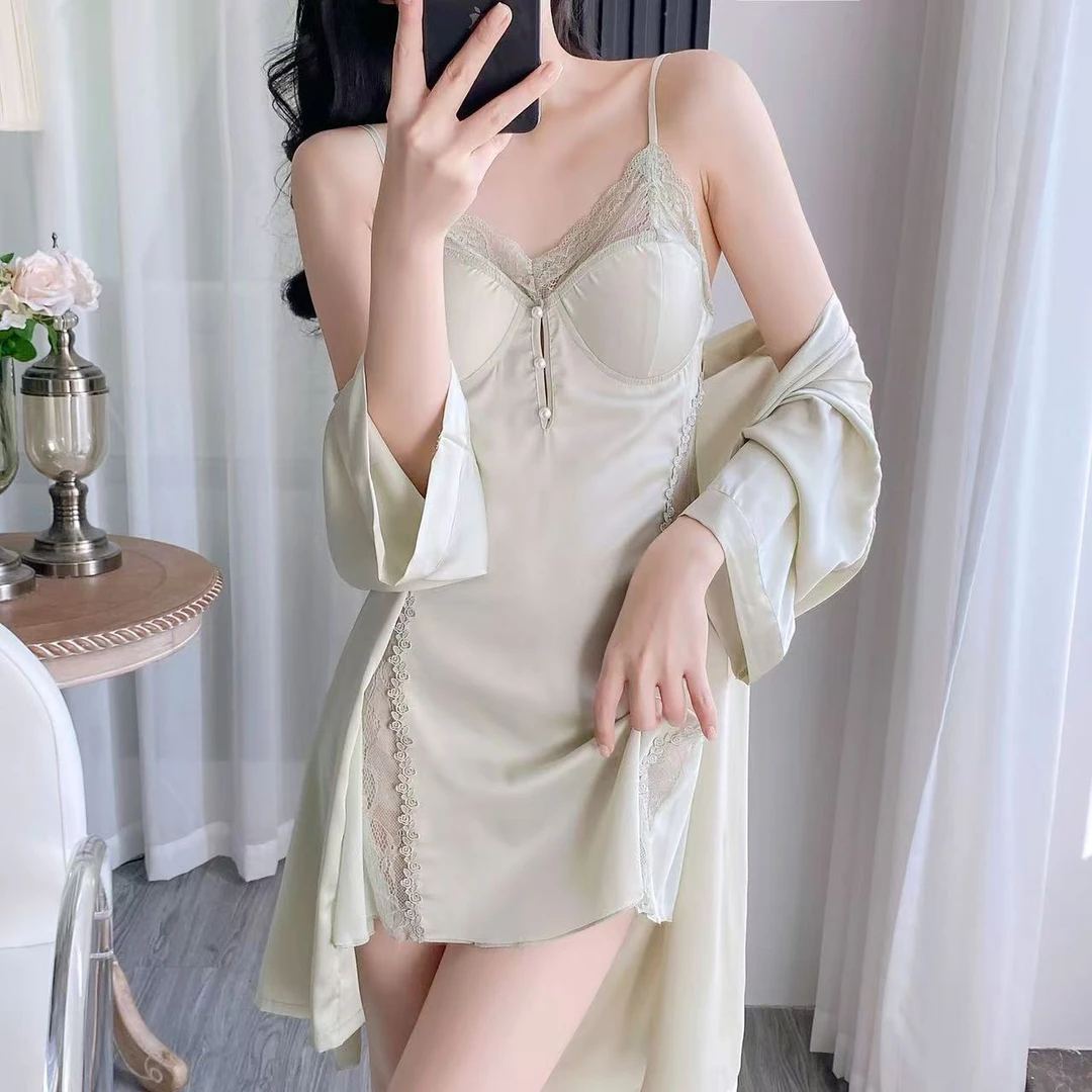 纯欲风性感可爱女生睡裙套装缎面冰丝吊带裙外袍两件套舒适家居服