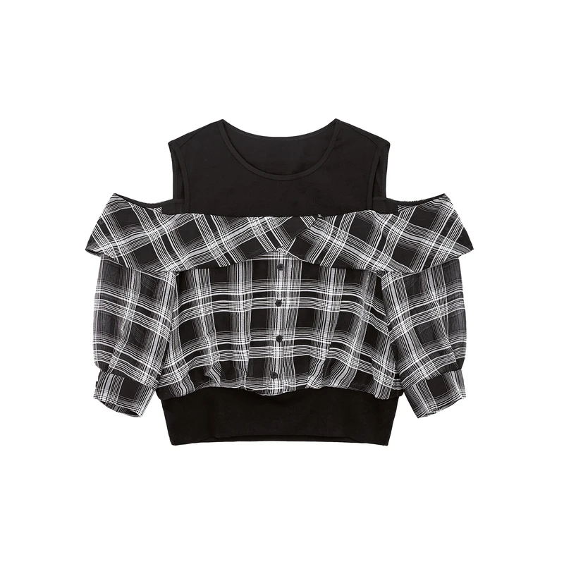 长袖露肩格子上衣PK3309009