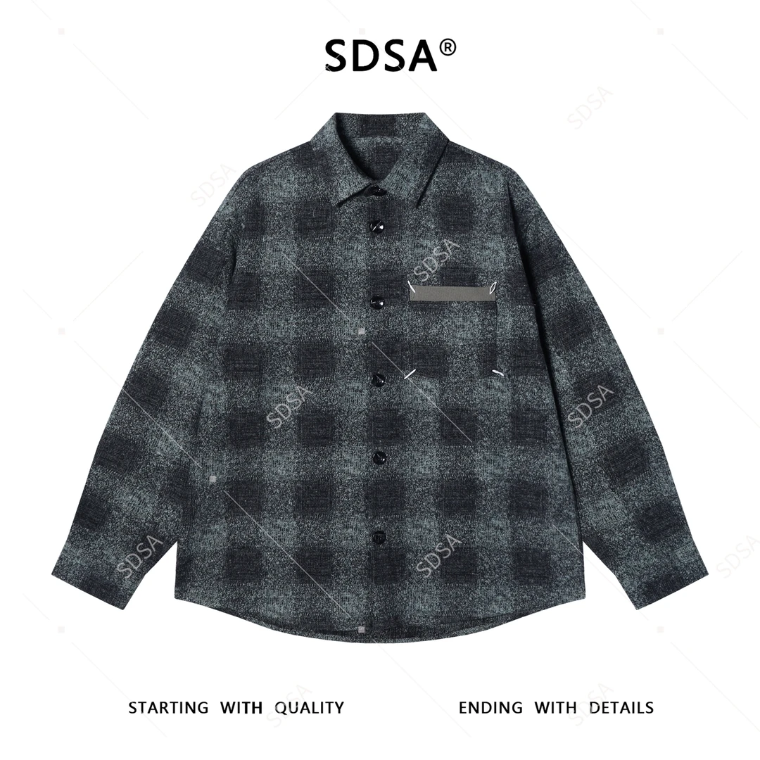 SDSA男士秋冬新款痞帅男装格子长袖衬衫四角缝线口袋设计翻领衬衣