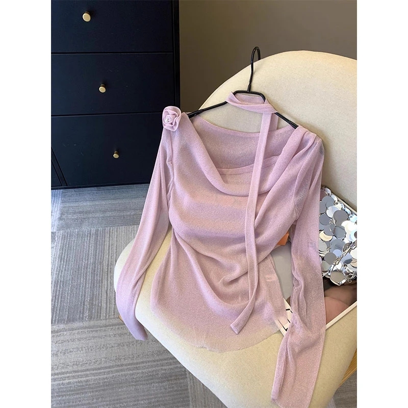 现货2025秋设计感打底衫纯欲荡领别致上衣粉色细闪飘带长袖t恤女