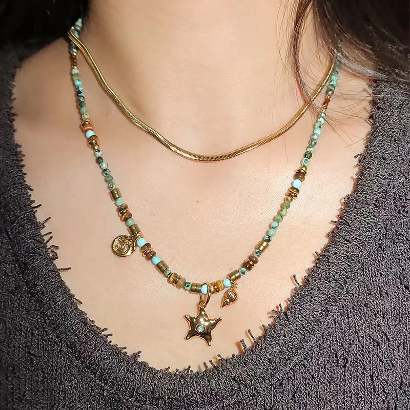 黄铜石英石项链 海星绿色手工串珠海洋度假风夏日叠搭高级感项链