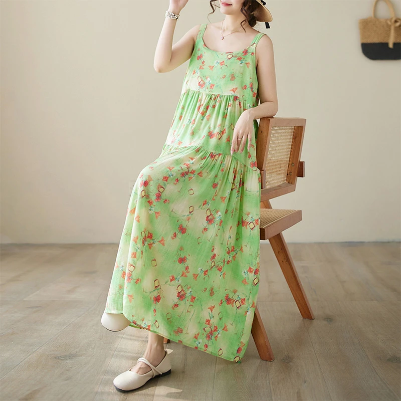 2025夏季棉麻宽松显瘦大摆蛋糕裙绿色印花拼接无袖圆领长裙连衣裙
