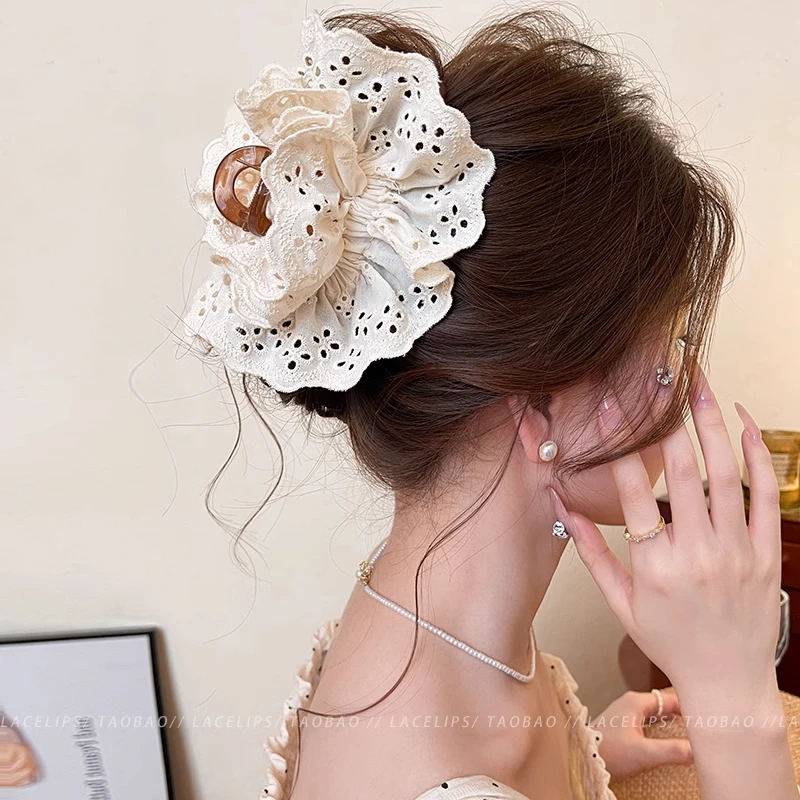 法式复古蕾丝花边头发抓夹女高级感2025新款鲨鱼夹发夹后脑勺发饰