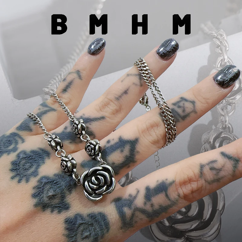 BMHM 铜合金项链 小众复古法式玫瑰花项链女高级感冷淡风百搭花朵