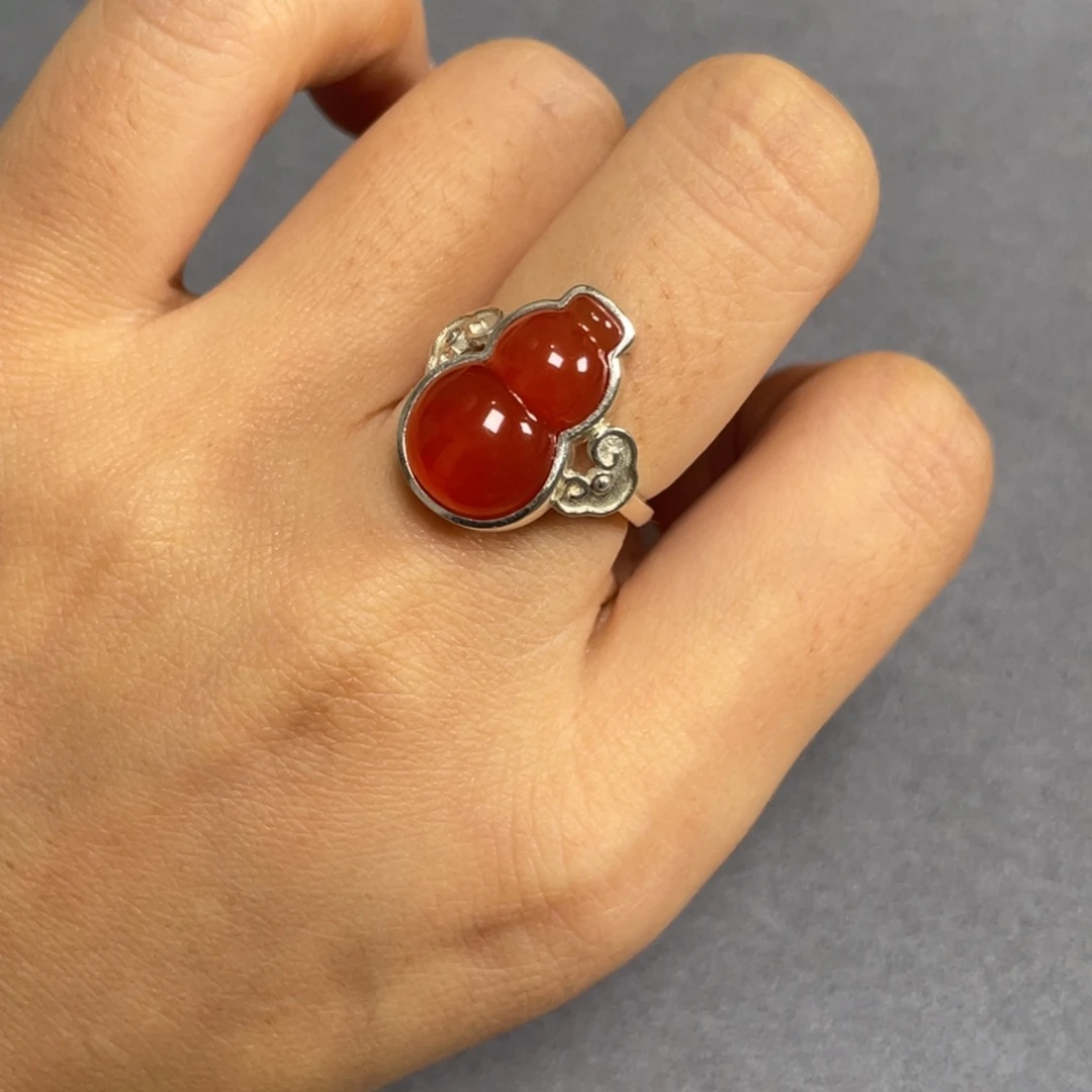 南红玛瑙冰红葫芦戒指银S925镶嵌