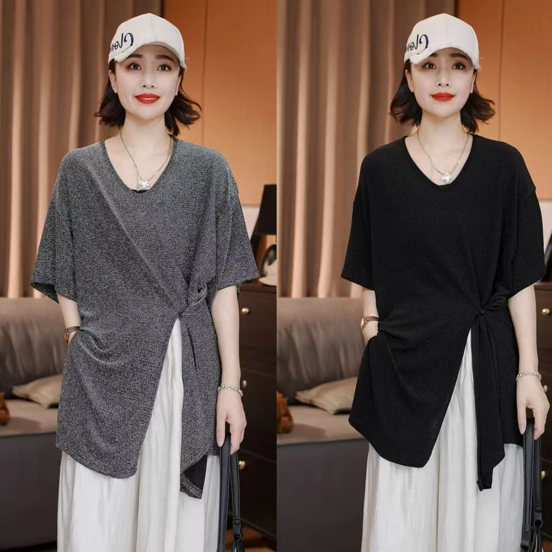 夏季新款侧扣开叉亮丝短袖V领T恤百搭时尚宽松显瘦韩版气质女装