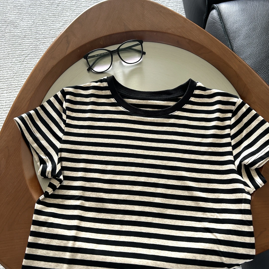 【YUUXIN】燕麦巧克力~夏季款简约复古圆领杂色条纹短袖T恤X