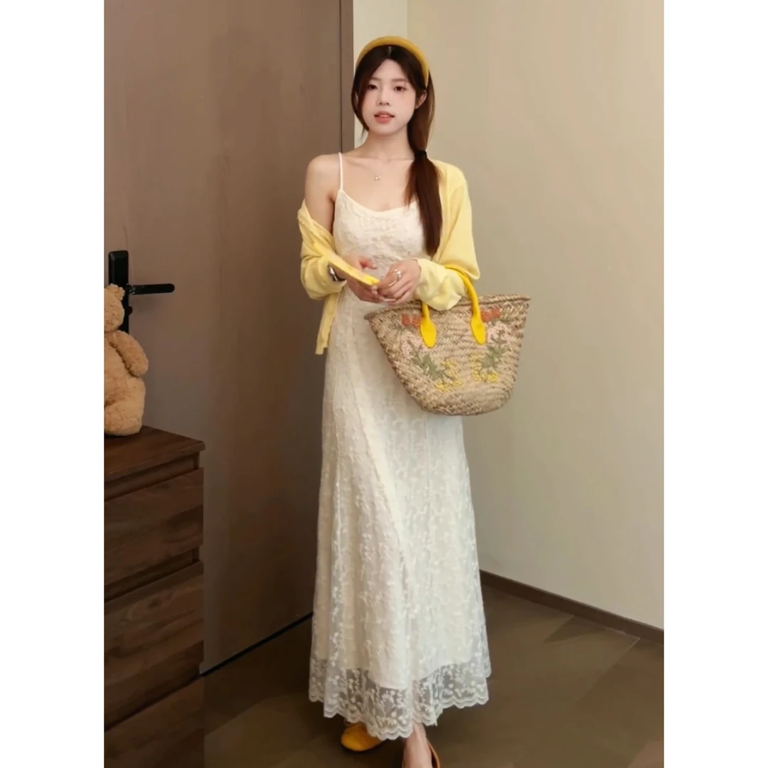 【现货】时尚搭配一整套女新款韩系休闲百搭开衫蕾丝吊带裙两件套